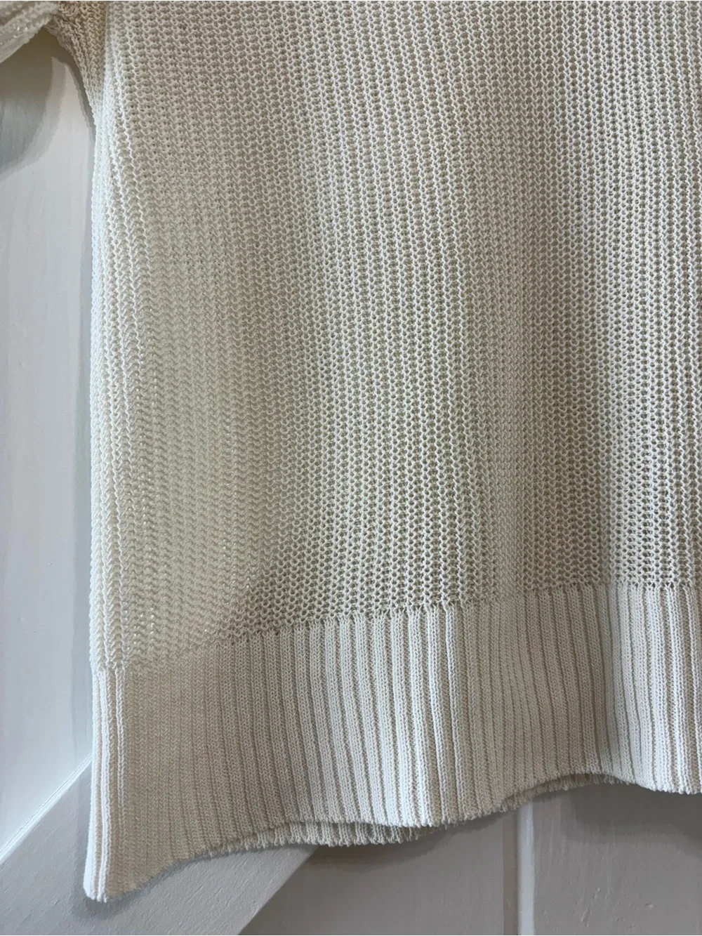 Eileen Fisher Cotton Silk Cord Split Neck Top Ivory Boxy Short Sleeve Luxury XS